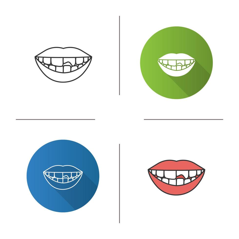 Broken tooth icon. Chipped tooth. Flat design, linear and color styles. Isolated vector illustrations