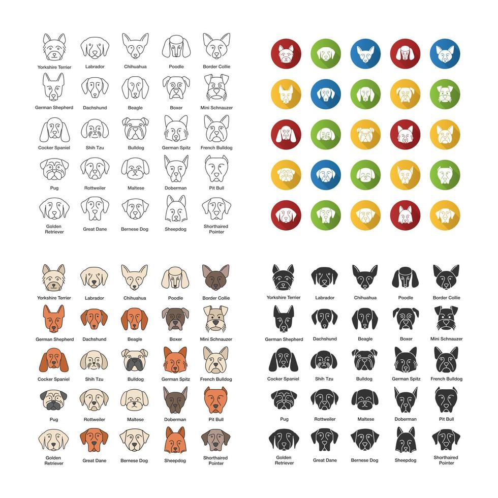 Dogs breeds icons set. Canine. Guide, guardian, hunting, herding dogs. Linear, flat design, color and glyph styles. Isolated vector illustrations