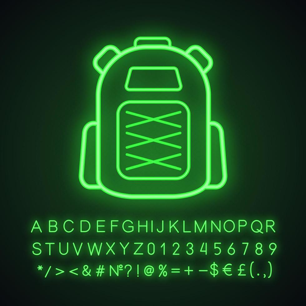 Camping backpack neon light icon. Rucksack, knapsack. Glowing sign with alphabet, numbers and symbols. Vector isolated illustration