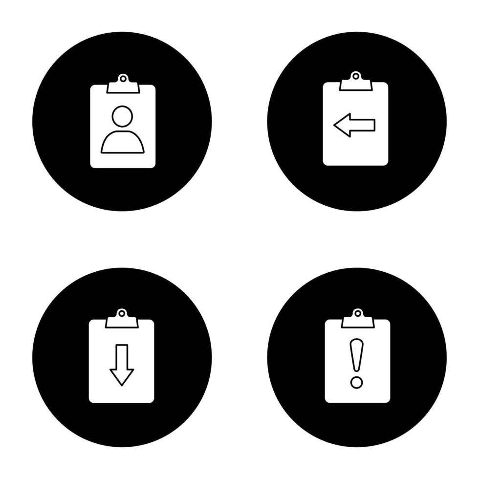 conjunto de iconos de glifo ui ux. asignación ind, portapapeles con flecha abajo, izquierda y signo de exclamación. ilustraciones de siluetas blancas vectoriales en círculos negros vector