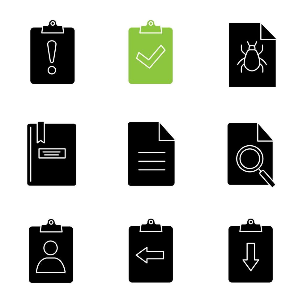 UI UX glyph icons set. Assignment late, turned in, bug report, notepad, file, find in page, clipboard with left and right arrows, cv. Silhouette symbols. Vector isolated illustration