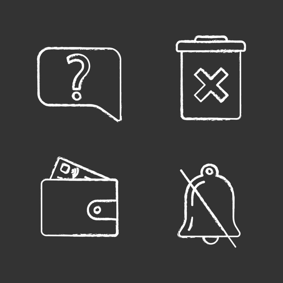 UI UX chalk icons set. Live chat, delete forever, payment, notifications off. Isolated vector chalkboard illustrations