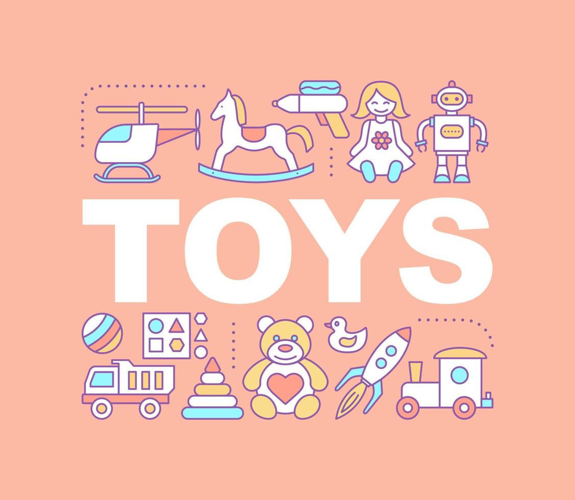 Kids toys word concepts banner. Childhood. Children's entertainment. Isolated lettering typography idea with linear icons. Vector outline illustration