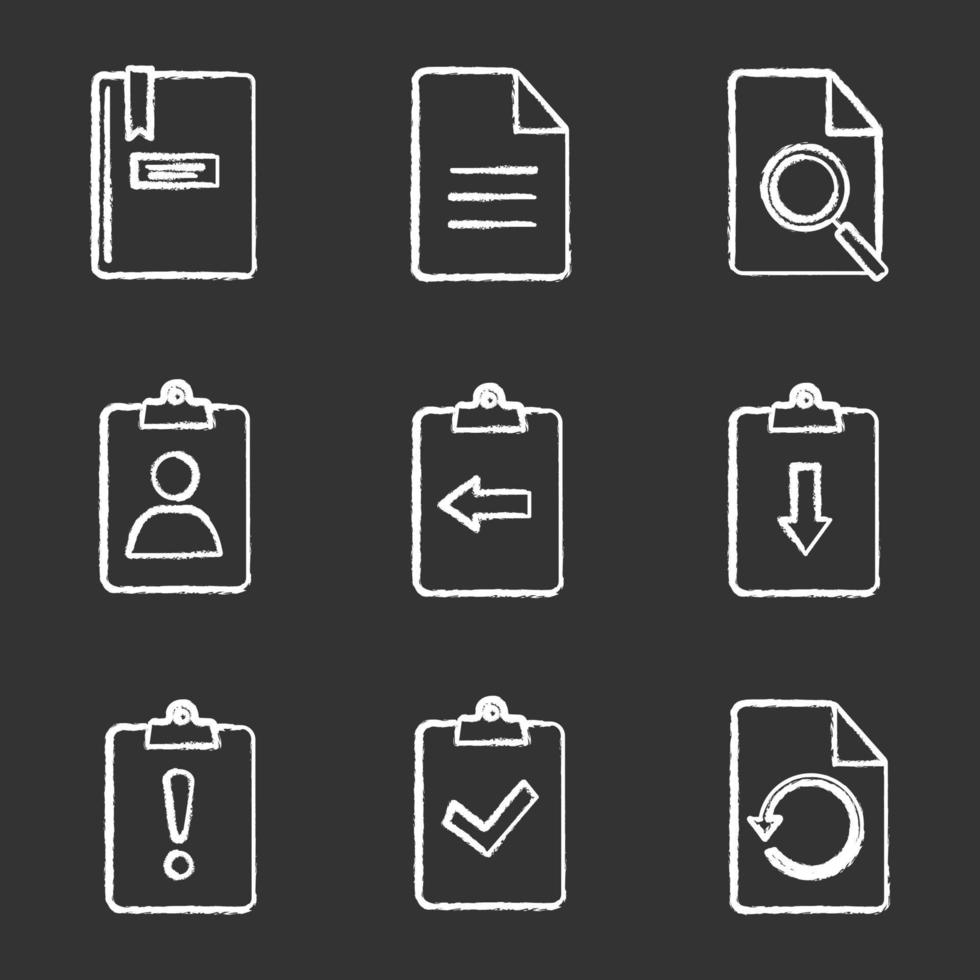 UI UX chalk icons set. Notepad, file, find in page, assignment Ind, clipboards with left and right arrows, question and exclamation marks, restore. Isolated vector chalkboard illustrations