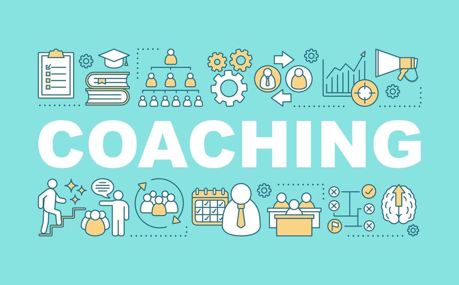Coaching word concepts banner. Interactive training. Corporate management. Business strategy. Isolated lettering typography idea with linear icons. Vector outline illustration