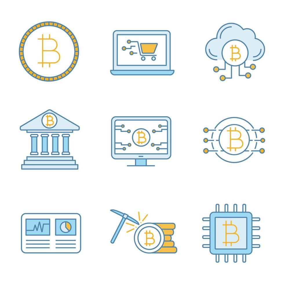 Bitcoin cryptocurrency color icons set. Coin, online shopping, cloud mining, banking, bitcoin webpage, hashrate, CPU mining, cryptocurrency. Isolated vector illustrations