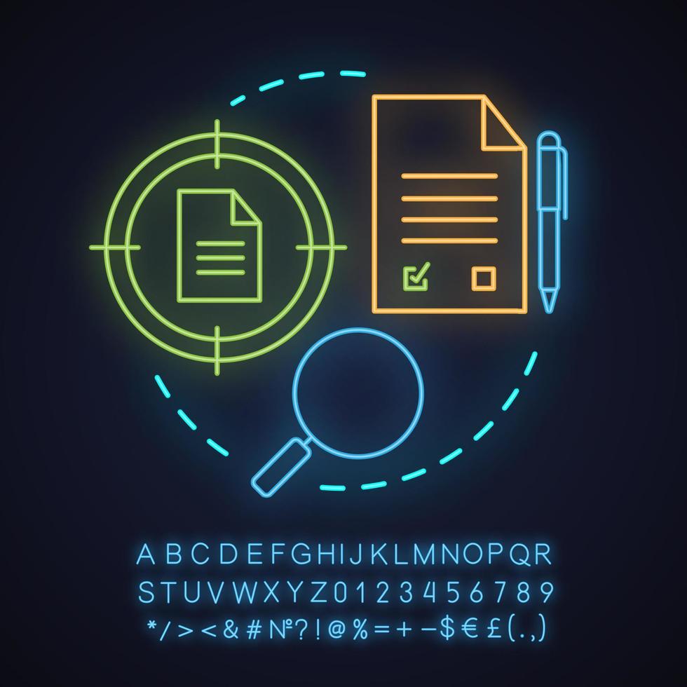 Data searching neon light concept icon. Choosing market segment idea. Contracts finder. Research. Glowing sign with alphabet, numbers and symbols. Vector isolated illustration