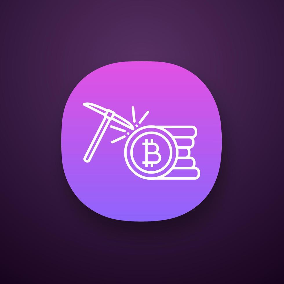 Cryptocurrency mining service app icon. UI UX user interface. Bitcoin crypto mining. Cryptocurrency business. Bitcoin coins stack with pickaxe. Web or mobile application. Vector isolated illustration