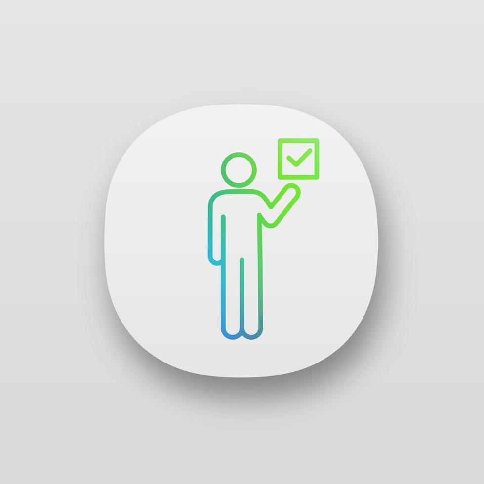 Voter app icon. UI UX user interface. Electorate. Make choice. Person holding checkbox. Expressing opinion. Web or mobile application. Vector isolated illustration