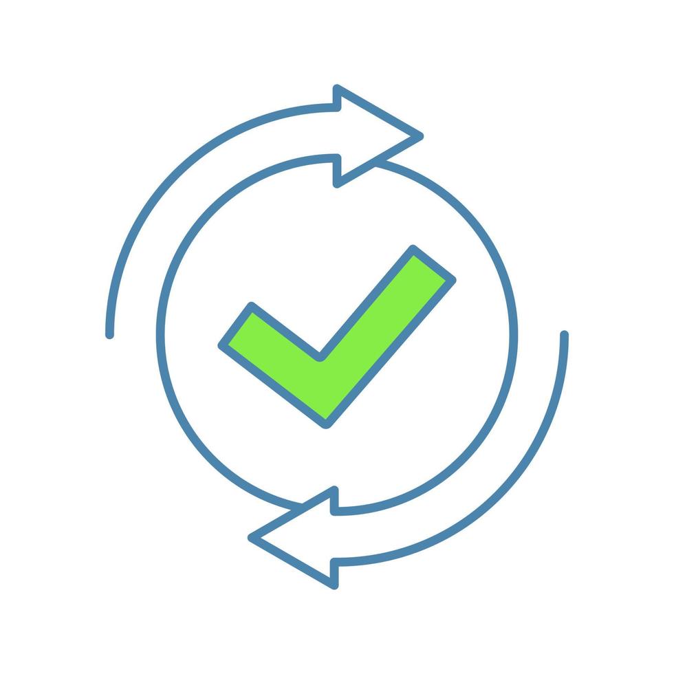 Checking process color icon. Successfully checked. Approved. Testing. Checkmark. Check mark with circle arrows. Verification and validation. Isolated vector illustration