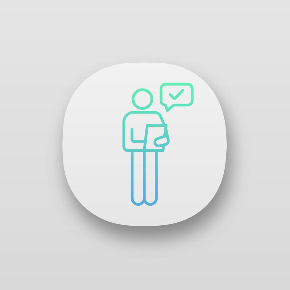 Person checking document app icon. Manager. Good news or results. UI UX user interface. Personal recommendation. HR manager reading resume. Web or mobile application. Vector isolated illustration