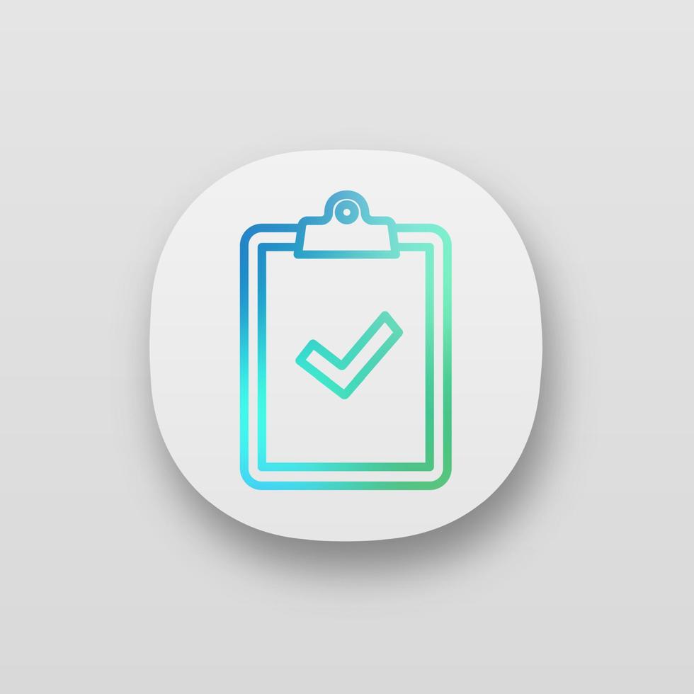 Clipboard with check mark app icon. Test, exam successfully completed. Verification and validation. Approved. Successfully tested. UI UX user interface. Web application. Vector isolated illustration