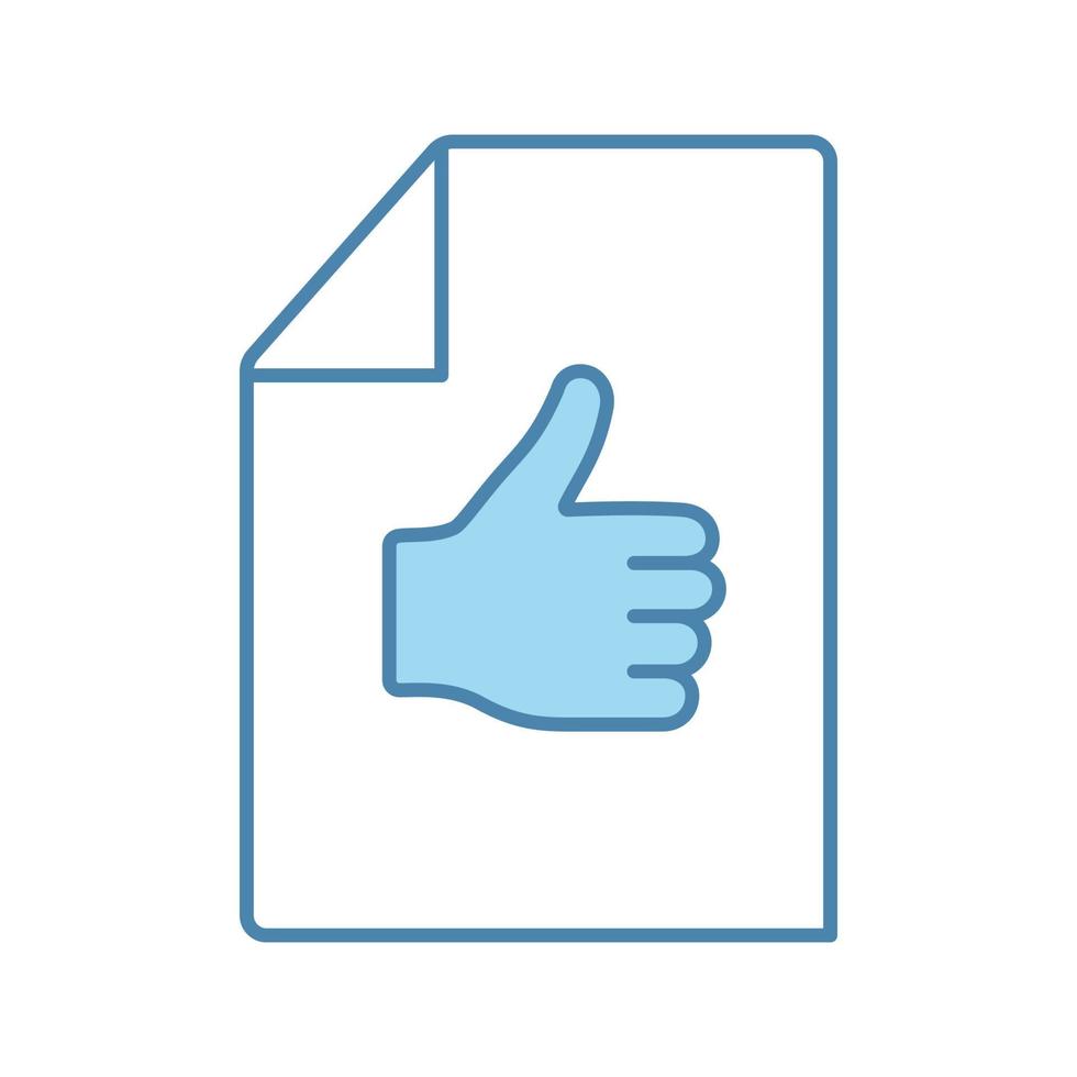 Approval document color icon. Best mark. Excellent review. Approval and like sign. Customer review. Paper sheet with thumbs up hand gesture. Isolated vector illustration