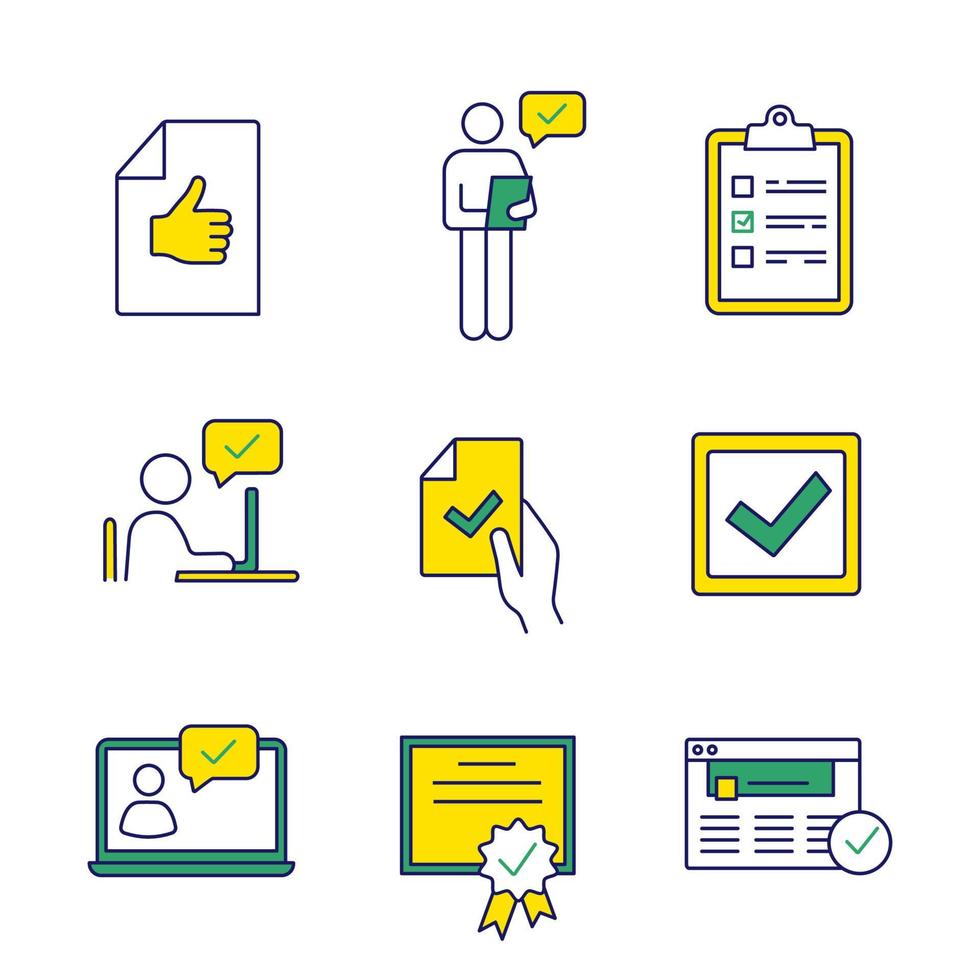 Approve color icons set. Approval document, person checking, checklist, approval chat, contract signing, checkbox, chatbot, certificate, approved website. Isolated vector illustrations