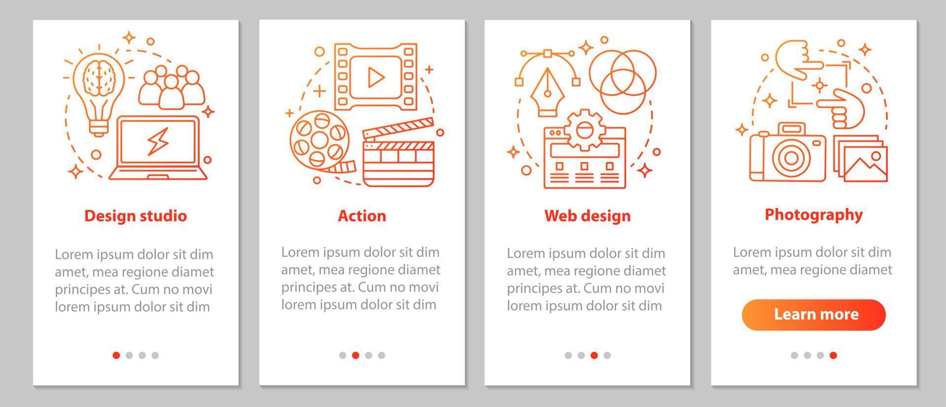 Design studio onboarding mobile app page screen with linear concepts. Action, web design, photography steps graphic instructions. UX, UI, GUI vector template with illustrations