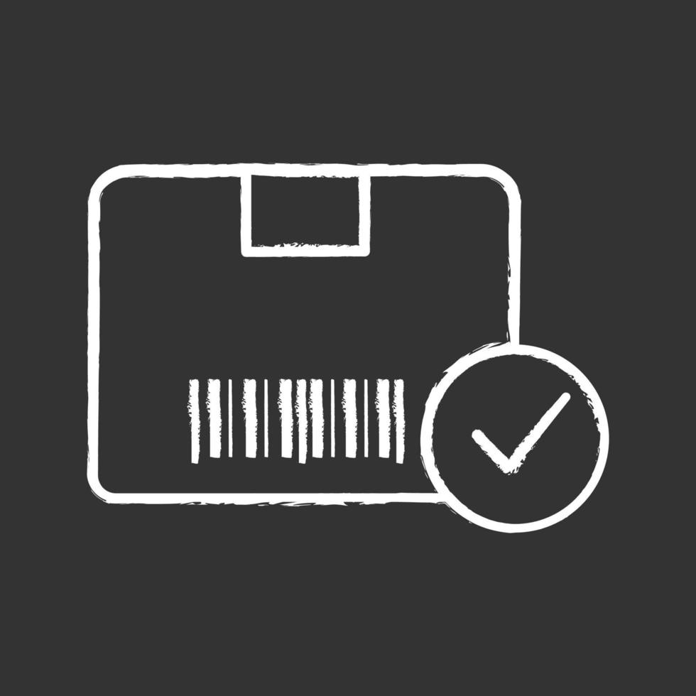 Approved delivery chalk icon. Successful package receipt. Verification parcel barcode. Quality delivery service. Cardboard box with barcode and check mark. Isolated vector chalkboard illustration