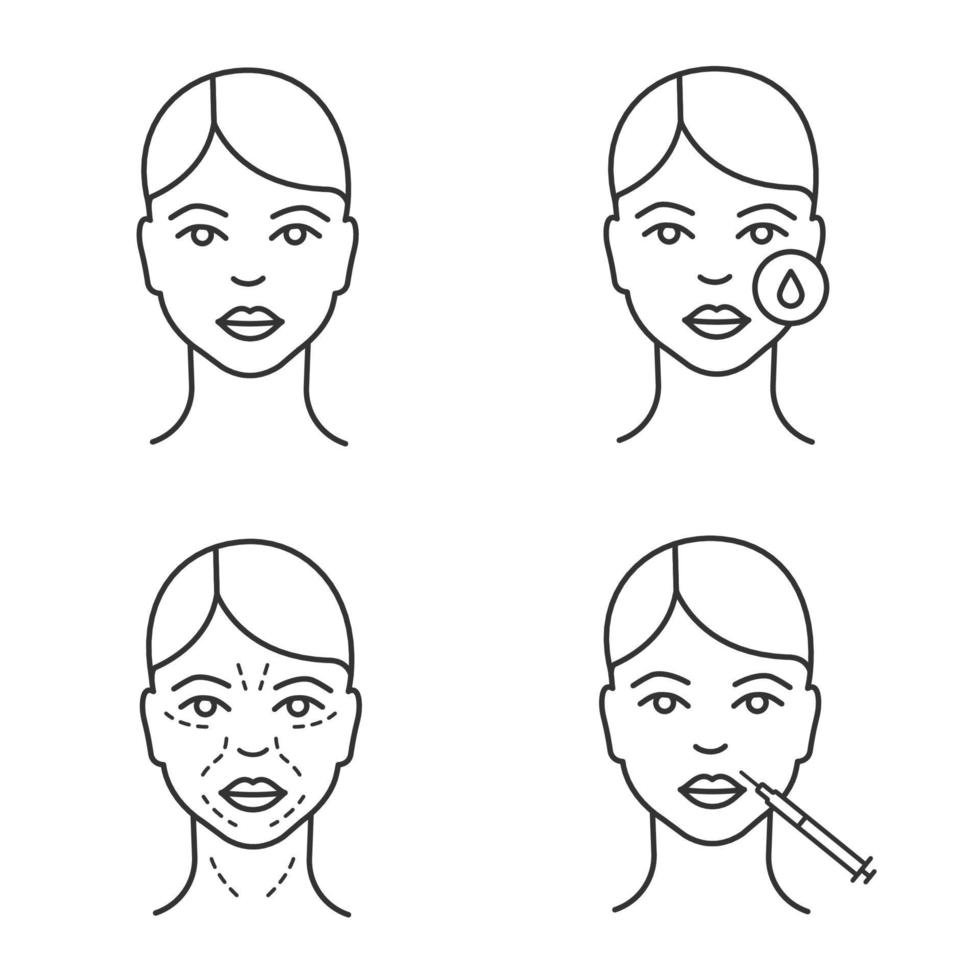 Botox injection linear icons set. Woman's face, makeup removal, mimic wrinkles, lips botox injection. Thin line contour symbols. Isolated vector outline illustrations. Editable stroke