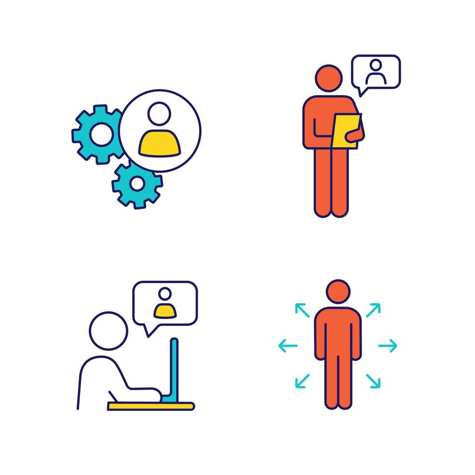 Business management color icons set. Teamwork, online job interview, chatting, decision management. Isolated vector illustrations