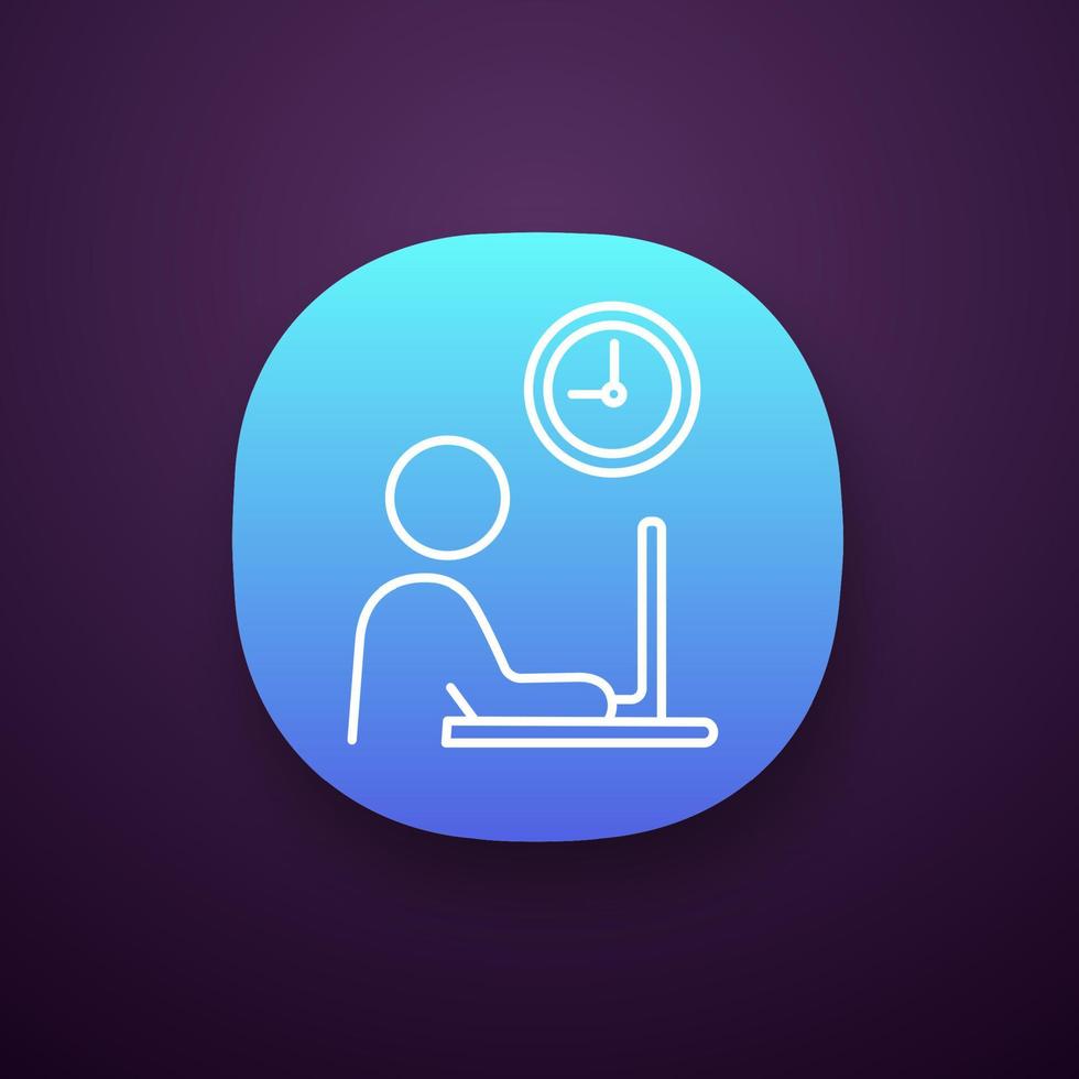 Working hours app icon. UI UX user interface. Worker. Freelance job. Person working with laptop. Web or mobile application. Vector isolated illustration