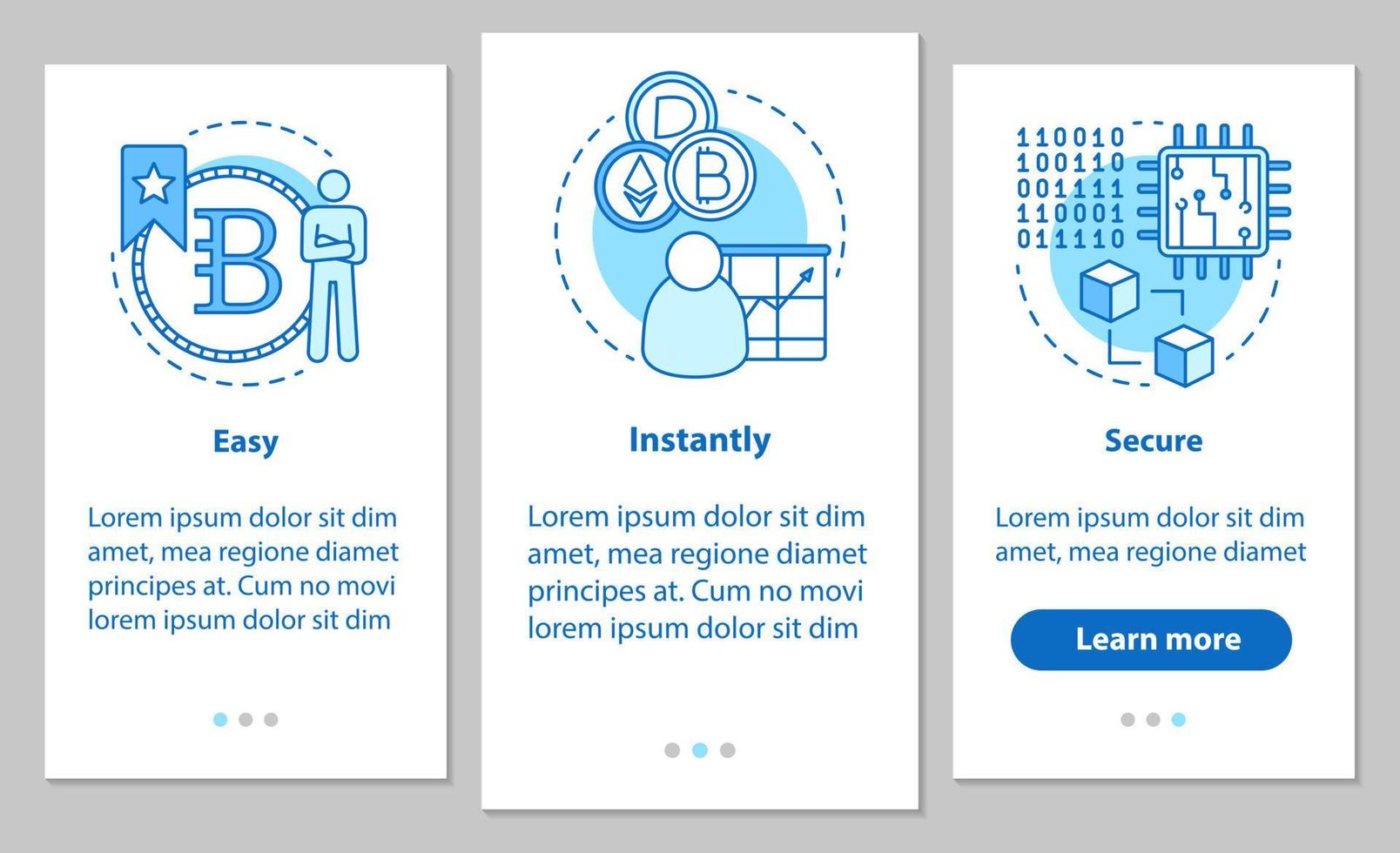 Mining business onboarding mobile app page screen with linear concepts. Cryptocurrency. Easy, instantly, secure steps graphic instructions. UX, UI, GUI vector template with illustrations