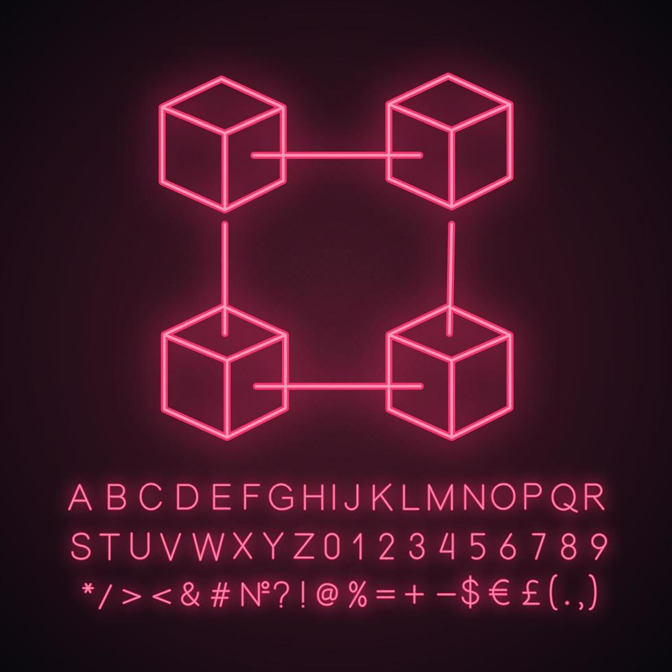 Blockchain technology neon light icon. Big data. Cryptocurrency. Fintech. Glowing sign with alphabet, numbers and symbols. E-commerce. Connected cubes. Vector isolated illustration