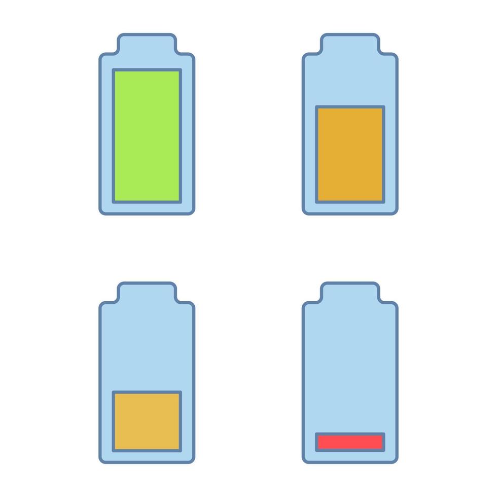 Battery charging color icons set. Battery level indicators. Low, middle and high charge. Isolated vector illustrations