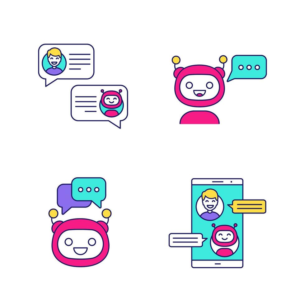 Chatbots color icons set. Virtual assistants. Messenger and chat bots. Modern robots. Smartphone chatterbots. Isolated vector illustrations