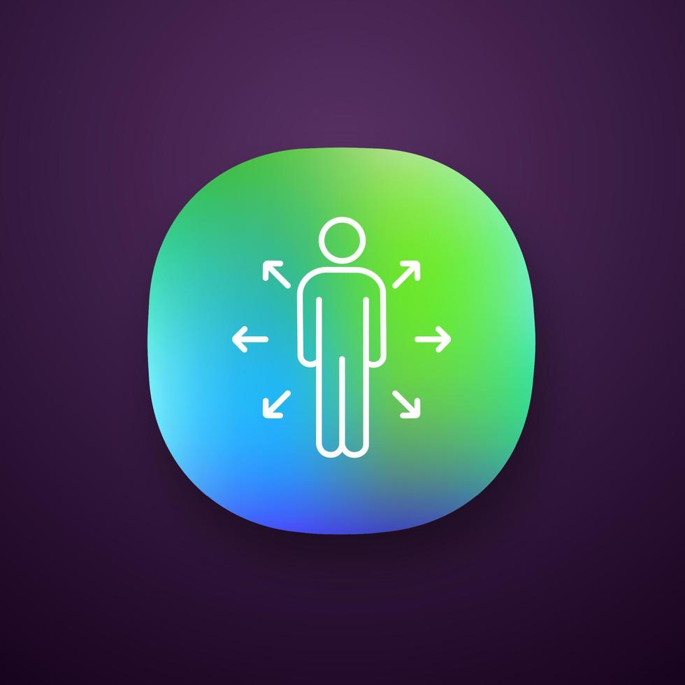 Decision management app icon. UI UX user interface. Key person. Channels of communication. Leader. Career opportunities. Person with arrows. Web or mobile application. Vector isolated illustration