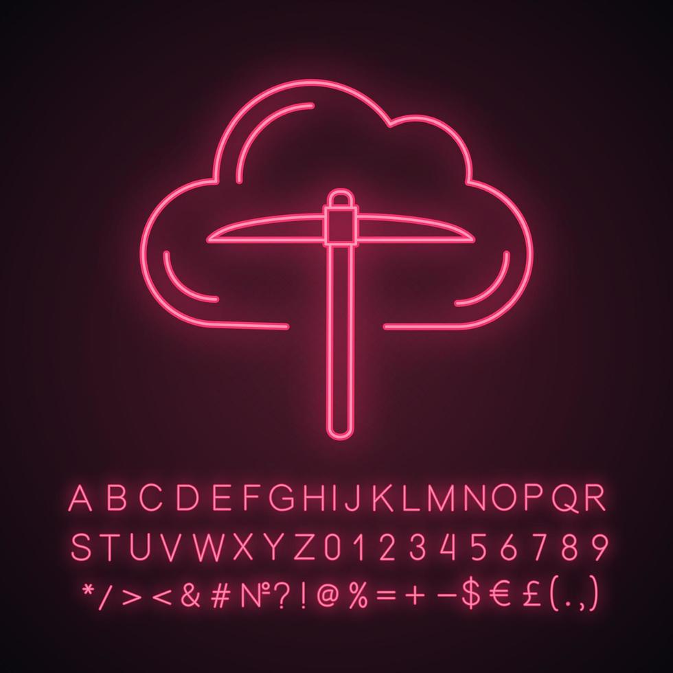 Cryptocurrency cloud mining service neon light icon. Crypto mining. Cryptocurrency business. Cloud with pickaxe. Glowing sign with alphabet, numbers and symbols. Vector isolated illustration