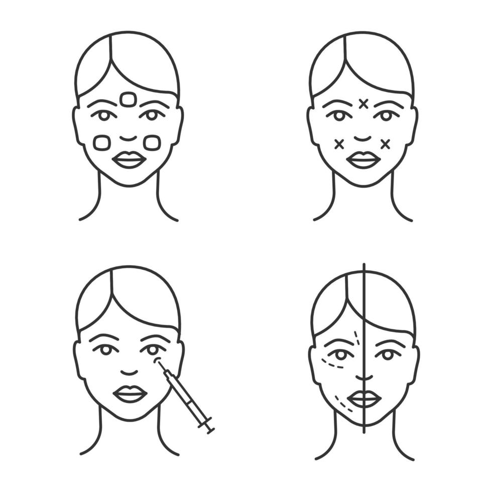 Botox injection linear icons set. Anesthetic cream, before and after, crows feet botox injection, sites. Thin line contour symbols. Isolated vector outline illustrations. Editable stroke
