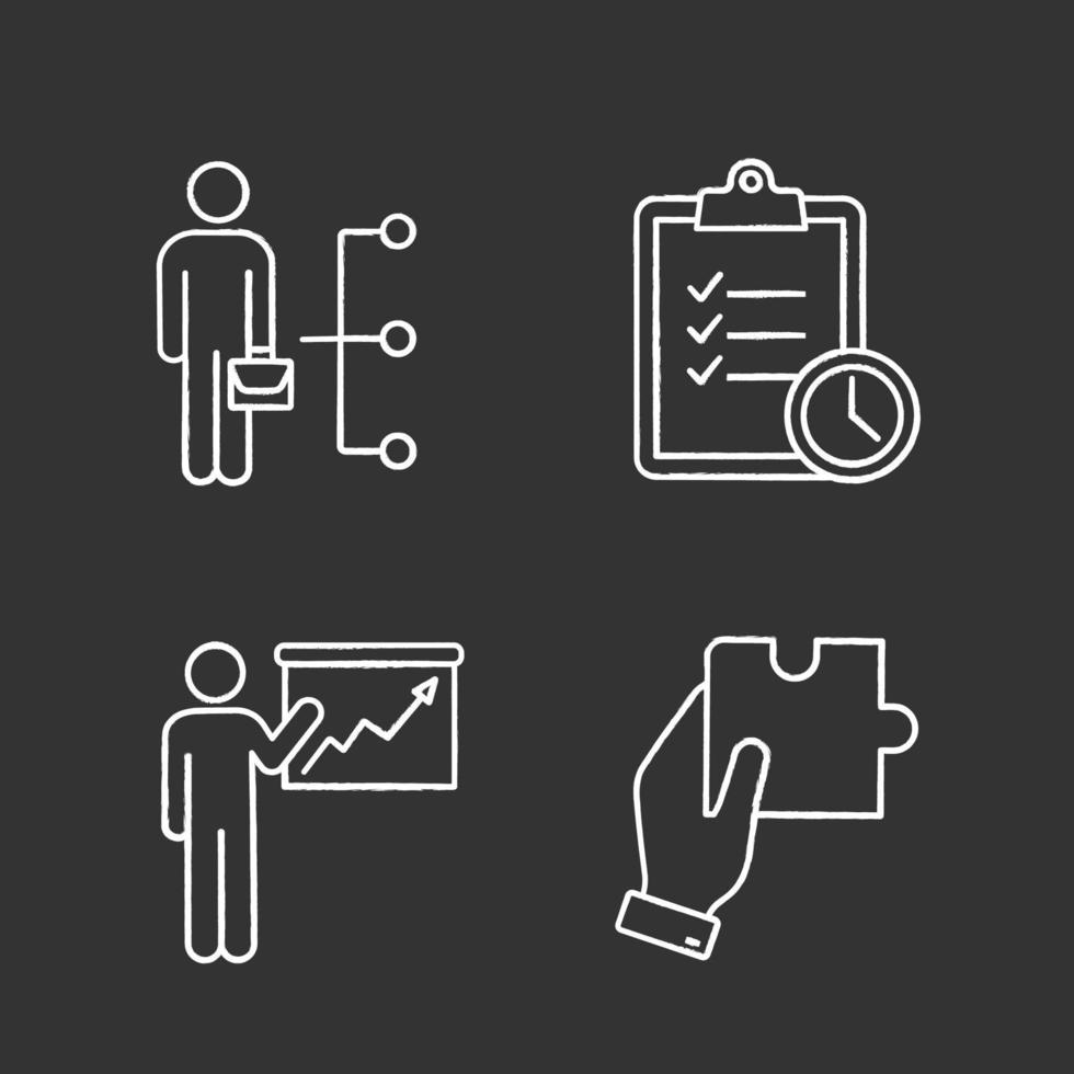 conjunto de iconos de tiza de gestión empresarial. habilidades de los empleados, gestión del tiempo, presentación, búsqueda de soluciones. Ilustraciones de vector pizarra