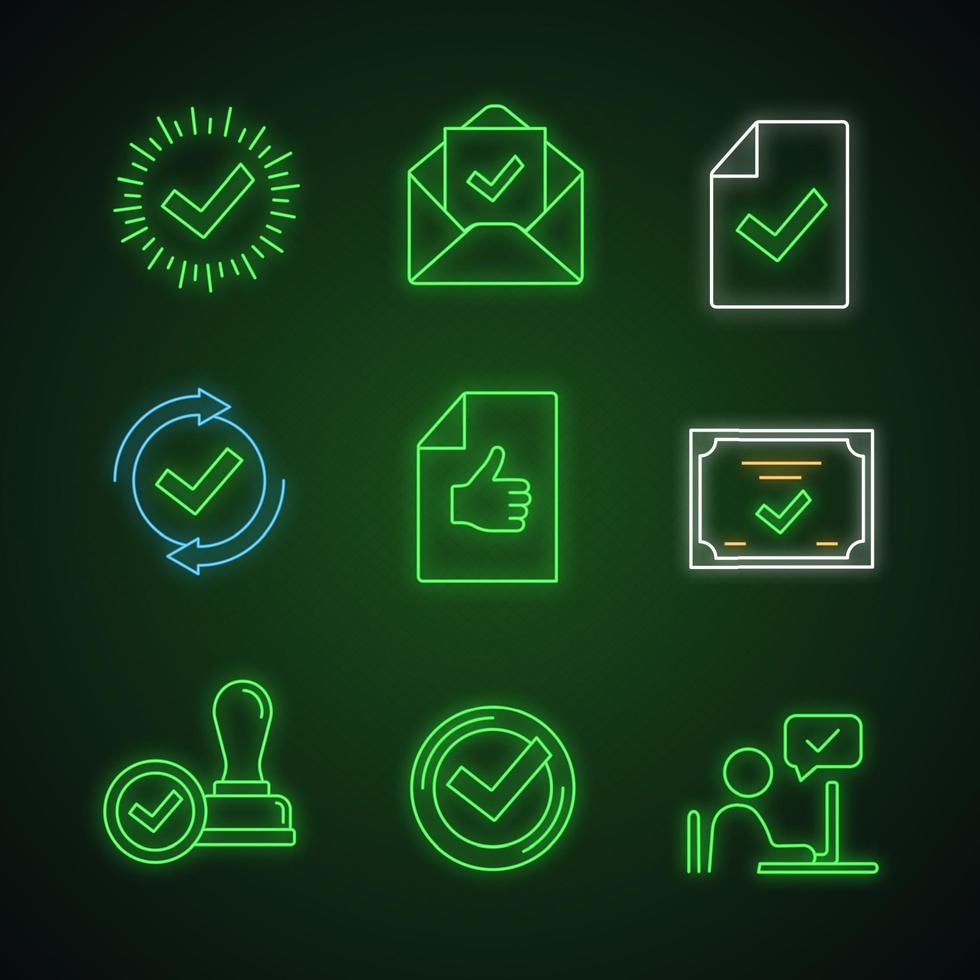 Approve neon light icons set. Check mark, email confirmation, document verification, testing, review, certificate, stamp, quality badge, approved chat. Glowing signs. Vector isolated illustrations