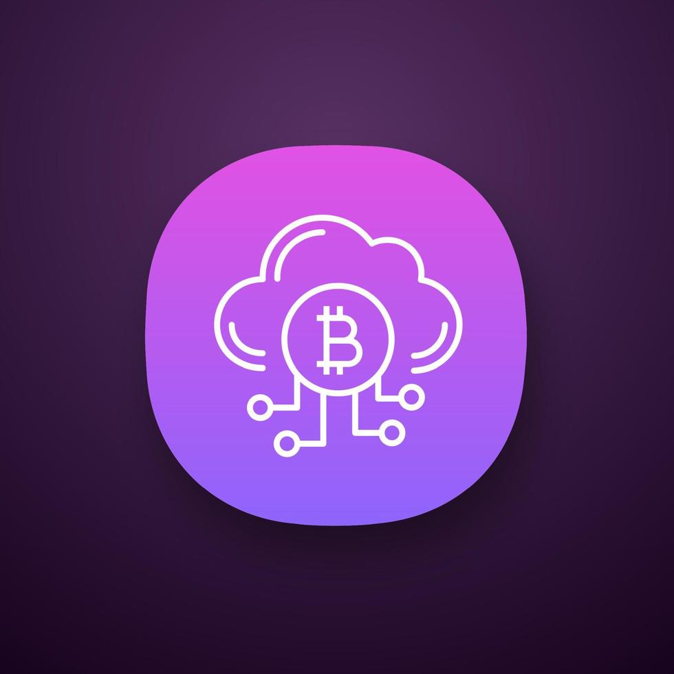 Cryptocurrency cloud mining service app icon. UI UX user interface. Bitcoin crypto mining. Cryptocurrency business. Cloud with bitcoin. Contour symbol. Web application. Vector isolated illustration