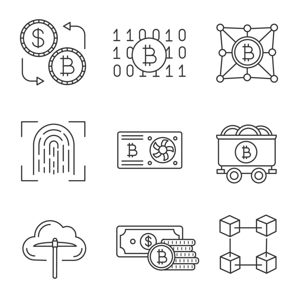 conjunto de iconos lineales de criptomoneda bitcoin. tarjeta gráfica, intercambio de bitcoins, código binario, escaneo de dedos, carrito de minas, minería, dinero, blockchain, fintech. ilustraciones aisladas de contorno vectorial. trazo editable vector