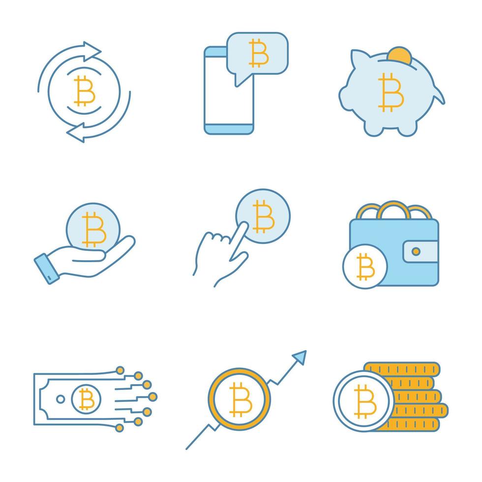 Bitcoin cryptocurrency color icons set. Bitcoin exchange, cryptocurrency chat, piggy bank, pay per click, wallet, digital money, market growth, coins stack. Isolated vector illustrations