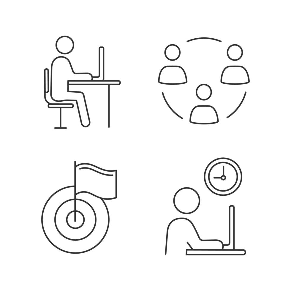 Business management linear icons set. Remote job, teamwork, achievement, working hours. Thin line contour symbols. Isolated vector outline illustrations. Editable stroke