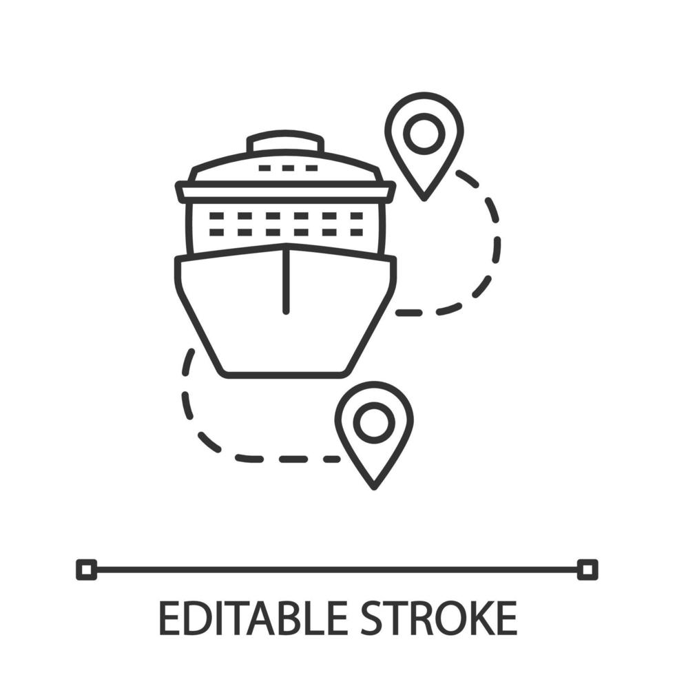 Cruise routes linear icon. Travel destinations. Thin line illustration. Cruise liner with map pinpoints. Journey, trip route planner. Contour symbol. Vector isolated outline drawing. Editable stroke