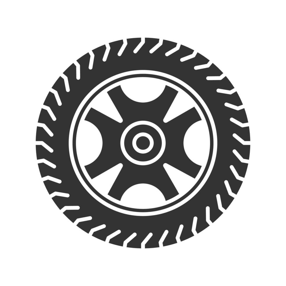Car rim and tire glyph icon. Automobile wheel. Silhouette symbol. Negative space. Vector isolated illustration