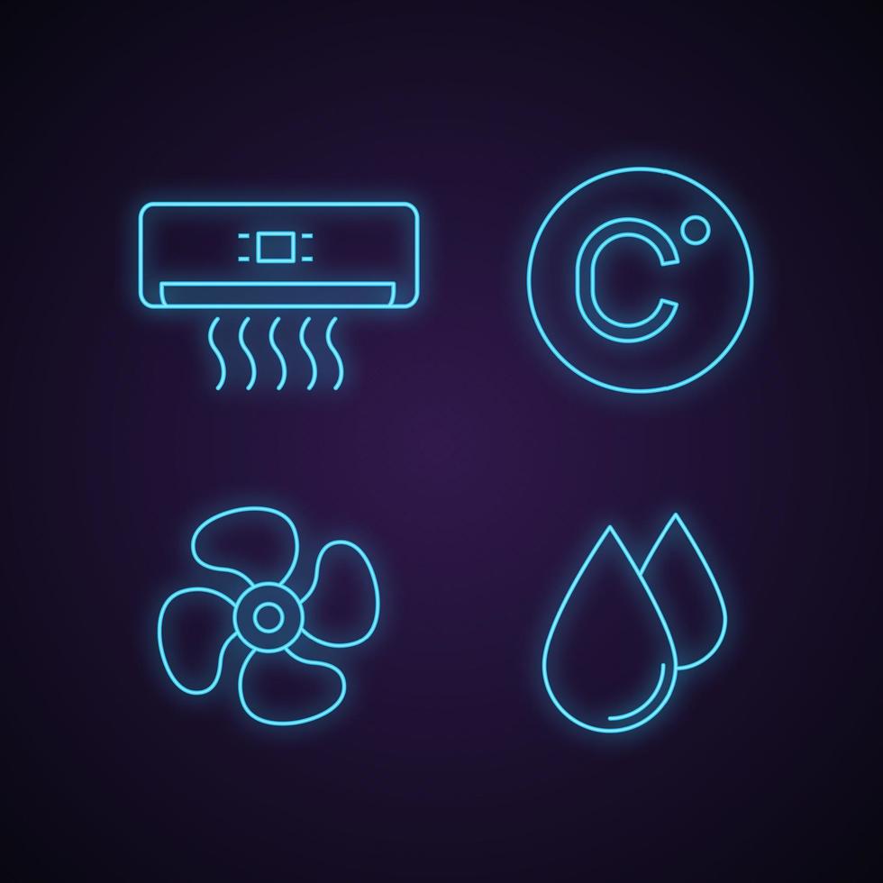 Air conditioning neon light icons set. Celsius degree, exhaust fan, humidification, air conditioner. Glowing signs. Vector isolated illustrations