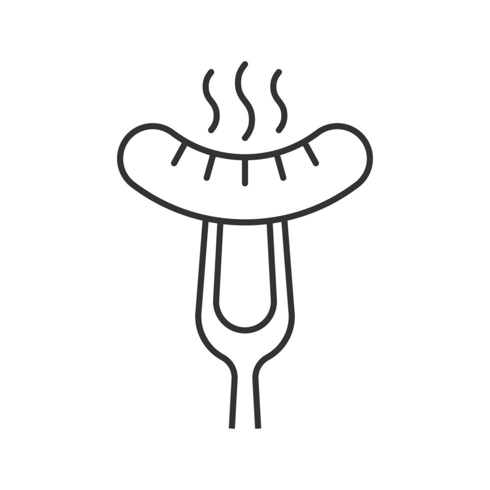 Grilled sausage on fork linear icon. Thin line illustration. Bratwurst. Vector isolated drawing