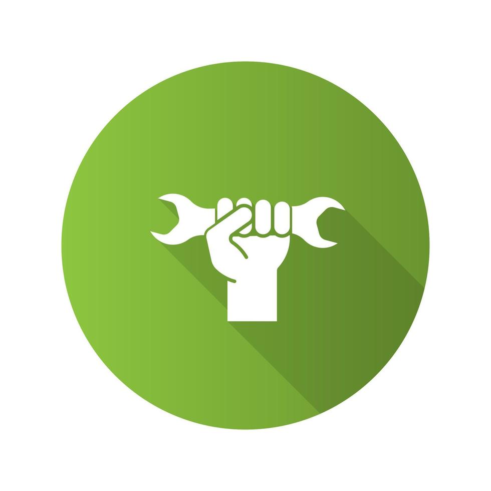Hand holding wrench flat design long shadow glyph icon. Double open ended spanner. Vector silhouette illustration