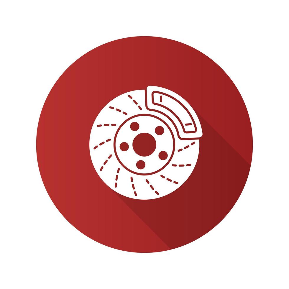 Disc brake with caliper flat design long shadow glyph icon. Vector silhouette illustration