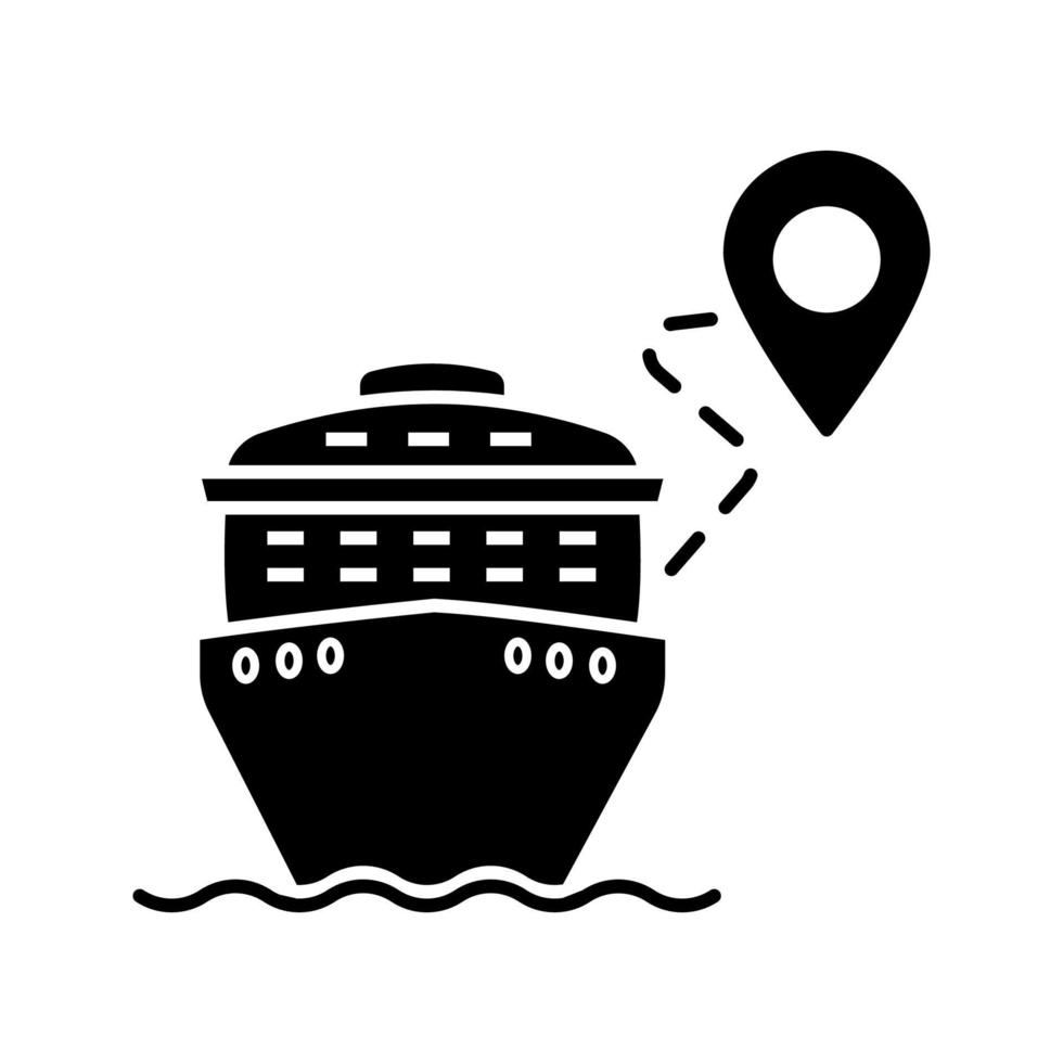 Cruise route glyph icon. Travel destination. Cruise liner with map pinpoint. Journey, trip route planner. Travel itinerary. Silhouette symbol. Negative space. Vector isolated illustration