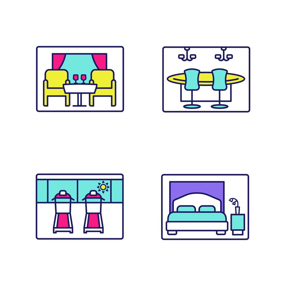 Cruise ship facilities color icons set. Restaurant, casino, gym, bedroom. Isolated vector illustrations