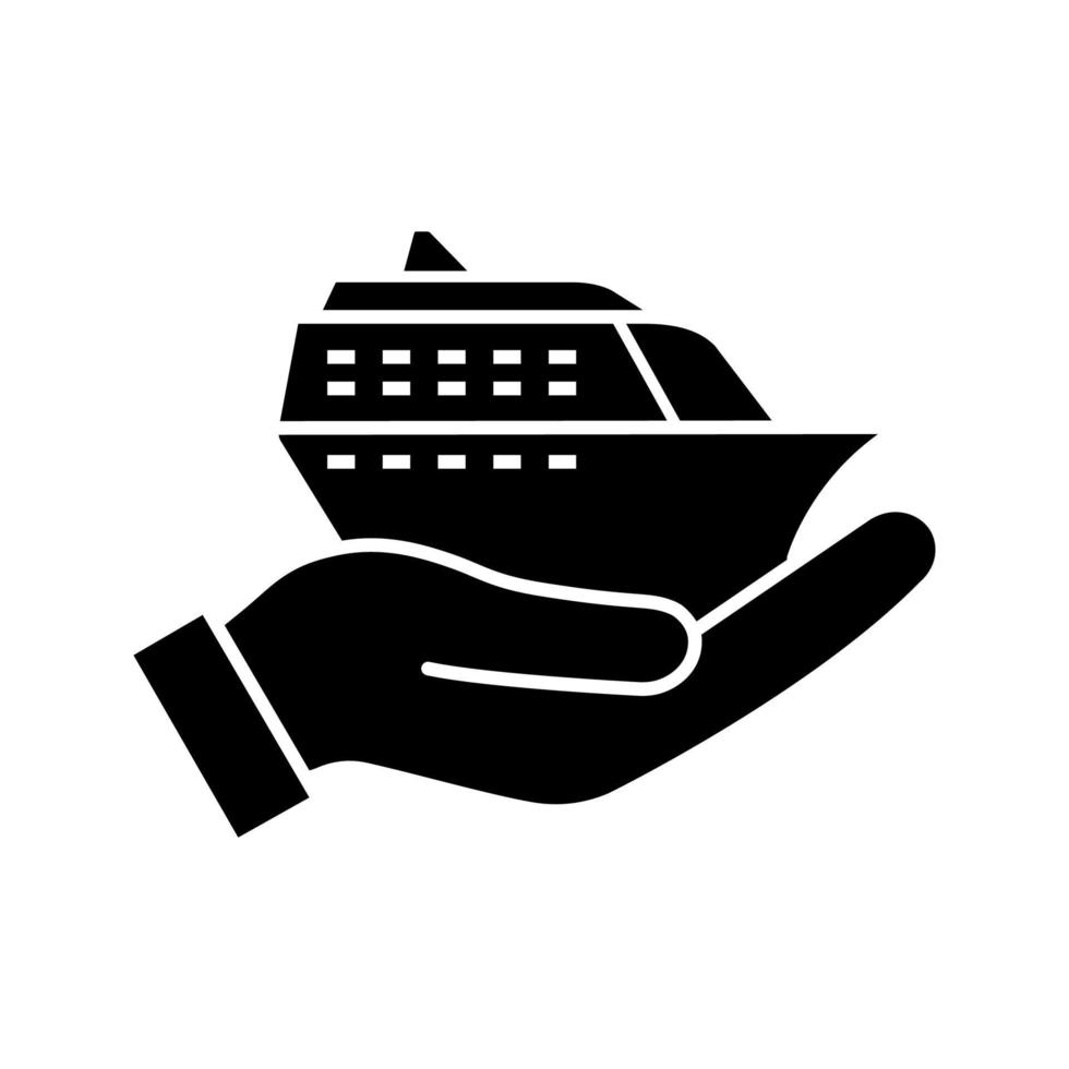 Cruise service glyph icon. Hand holding cruise ship. Shore excursions, tours and travel agency. Voyage, trip planning. Silhouette symbol. Negative space. Vector isolated illustration