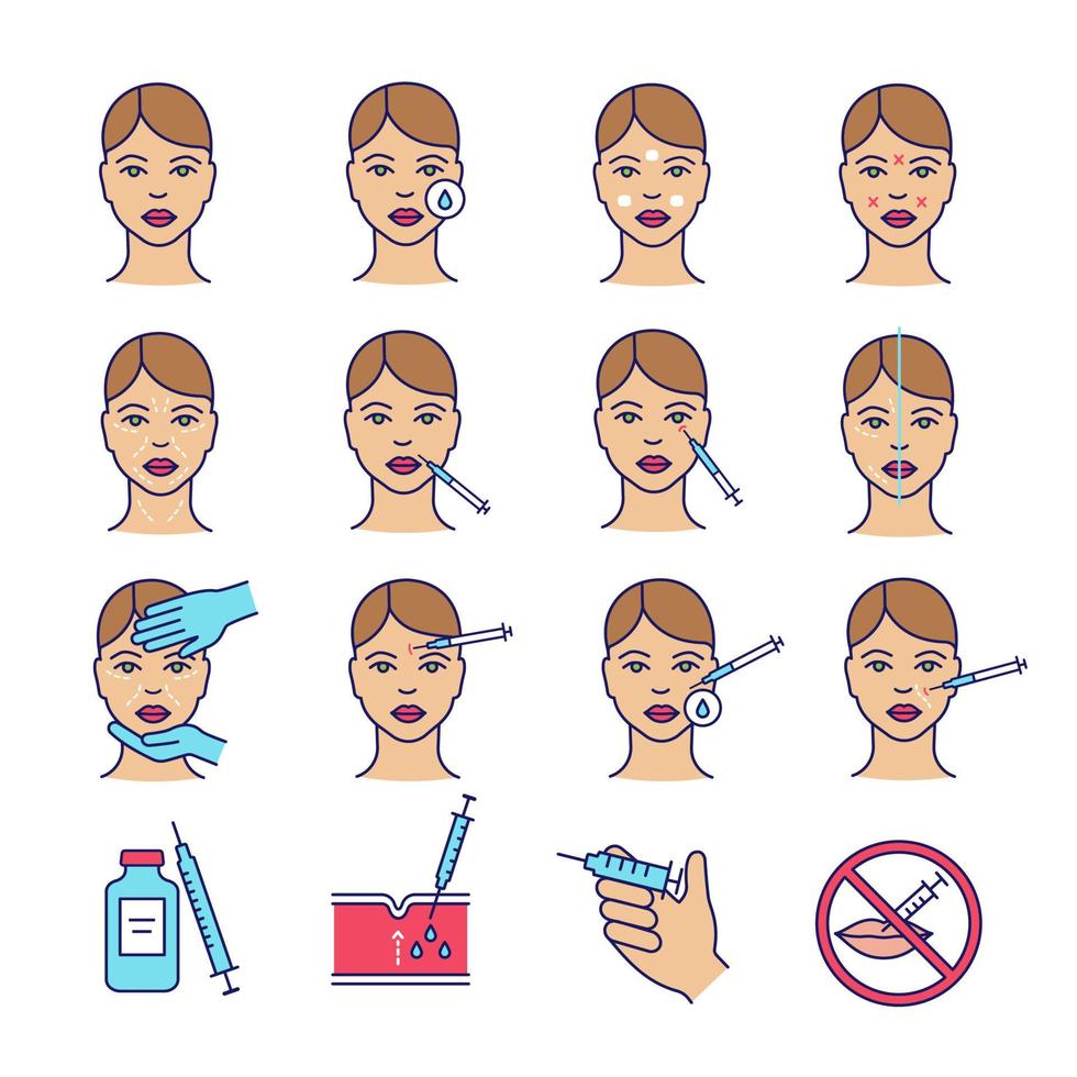Neurotoxin injection color icons set. Anti wrinkle procedures. Neuro toxin injection. Facial rejuvenation. Cosmetic procedures. Cosmetology. Isolated vector illustrations