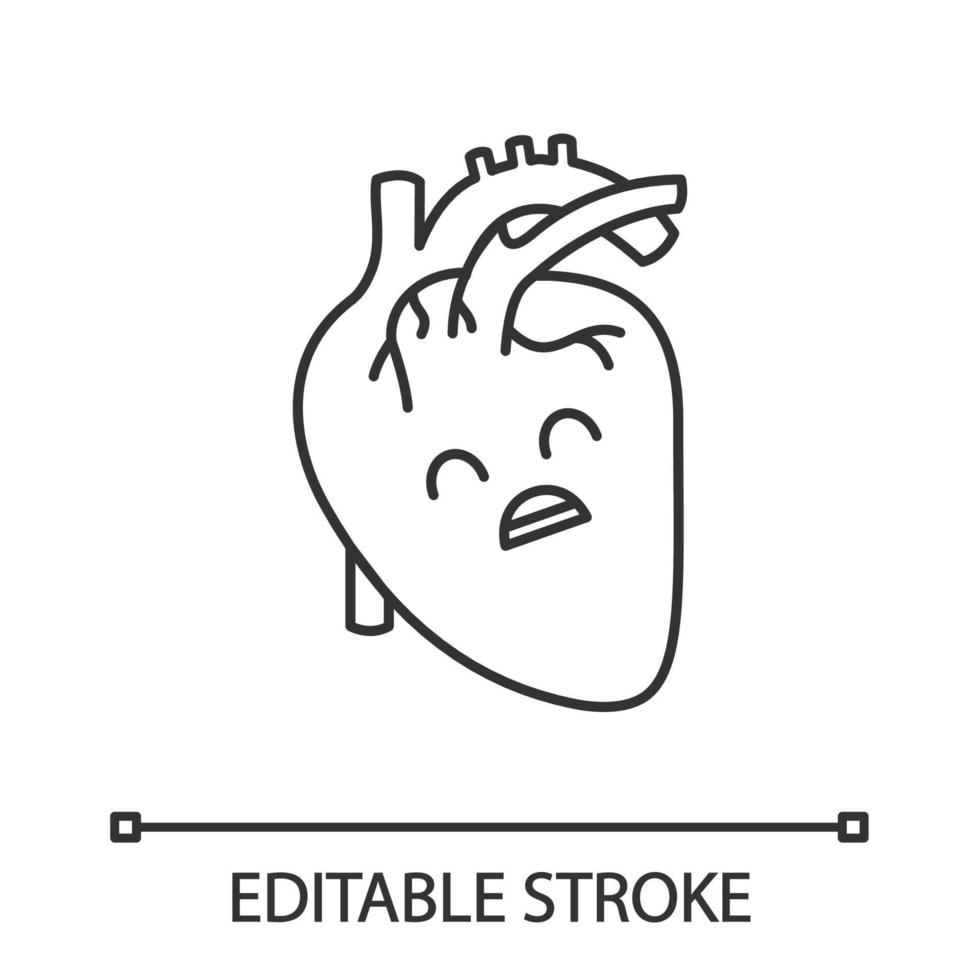 Sad human heart anatomy linear icon. Cardiovascular system diseases. Thin line illustration. Unhealthy internal organ. Contour symbol. Vector isolated outline drawing. Editable stroke