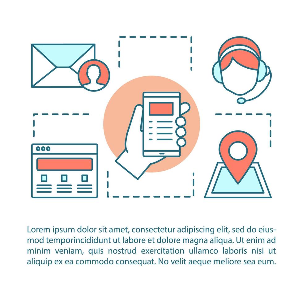 Contact us concept linear illustration. Information center. Infocenter. Call center. Hotline. Article, brochure, magazine page layout. Thin line icons with text boxes. Vector isolated outline drawing