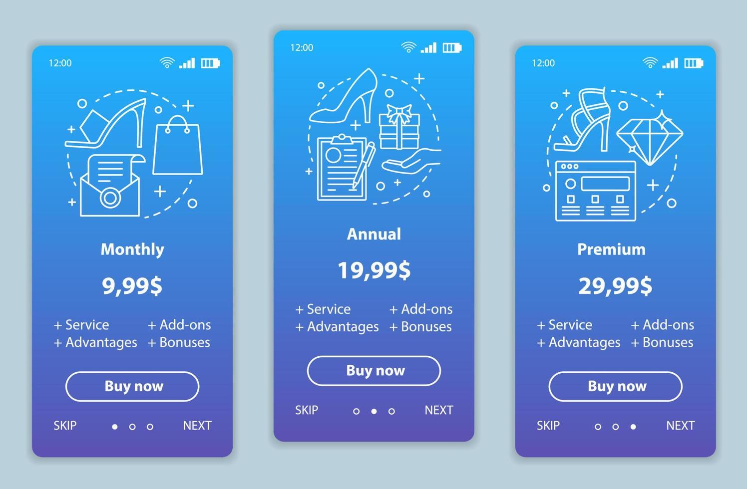 Stylist services prices onboarding mobile app screens template. Walkthrough website pages. Shopping discounts. Tariff plans steps. Smartphone payment web page layout vector