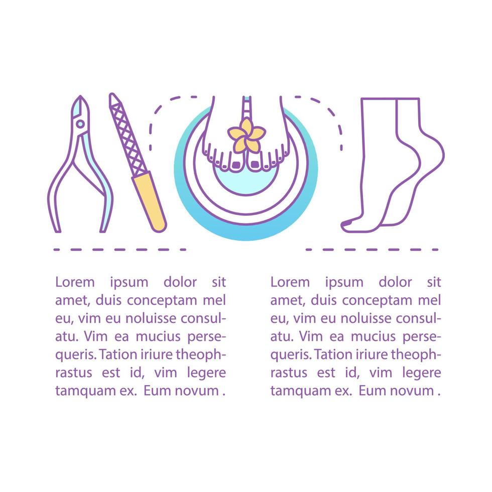 Pedicure concept linear illustration. Beauty salon. Nail salon. Article, brochure, magazine page layout. Foot care. Thin line icons with text boxes. Print design. Vector isolated outline drawing